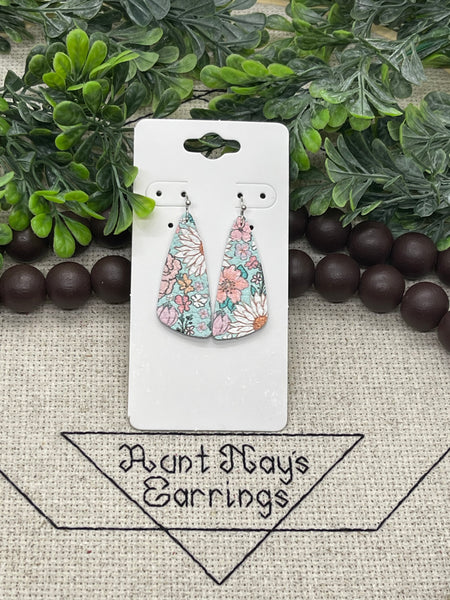 Aqua Blue White and Pink Floral Print Leather Earrings
