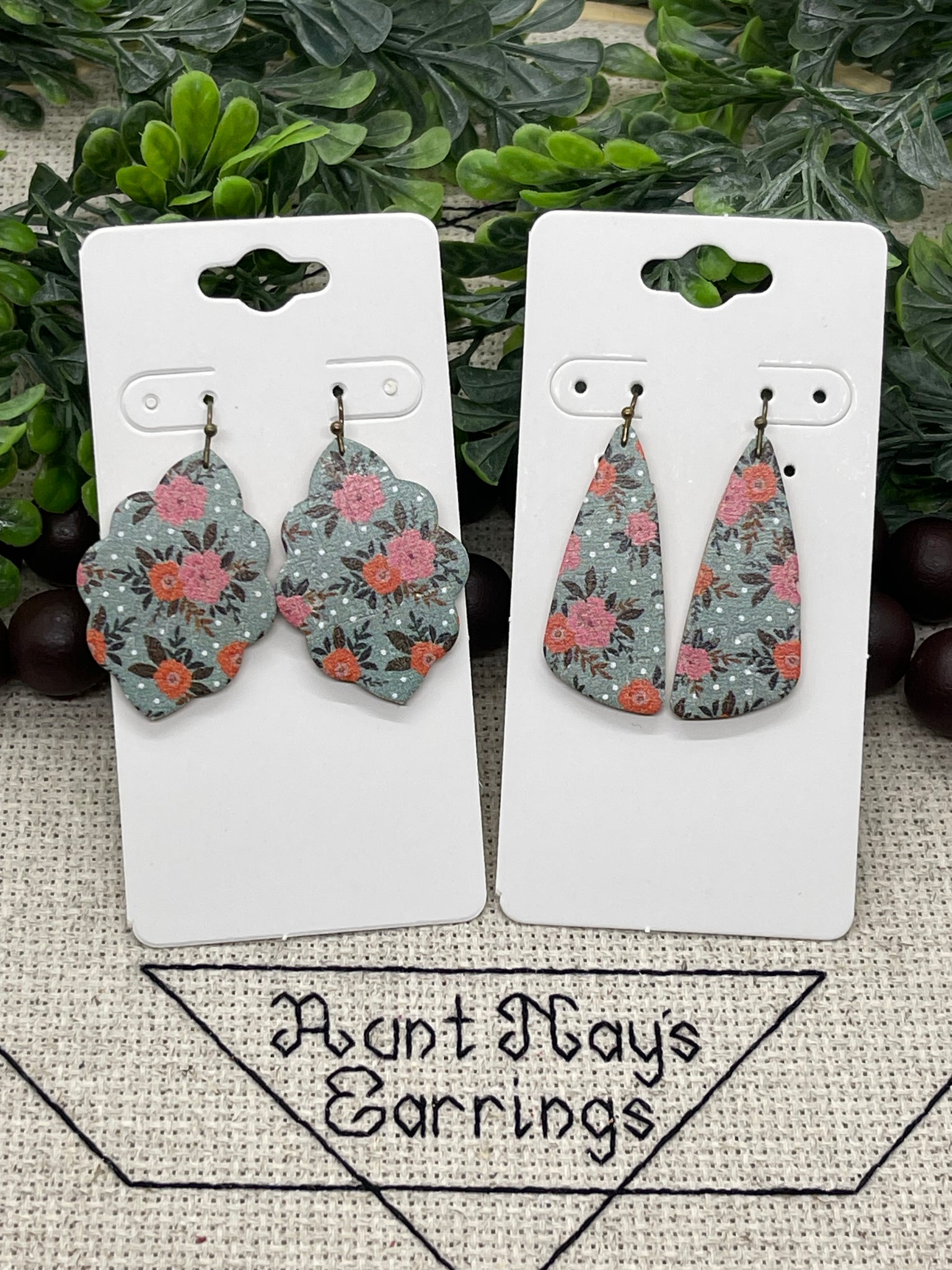 Turquoise Blue Orange and Pink Floral Print Cork on Leather Earrings