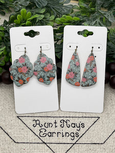 Turquoise Blue Orange and Pink Floral Print Cork on Leather Earrings