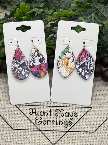Purple White Yellow Green and Hot Pink Floral Print Cork on Leather Earrings