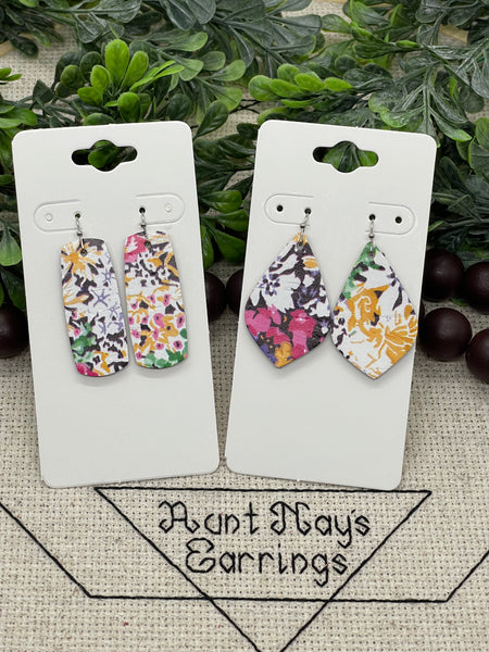 Purple White Yellow Green and Hot Pink Floral Print Cork on Leather Earrings