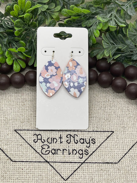 Periwinkle Purple White Mint Green Light Orange and Pink Floral Print Cork on Leather Earrings