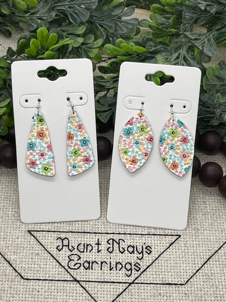 White Leather with Pink Blue Green and Orange Flowers and Dobs Print Leather Earrings