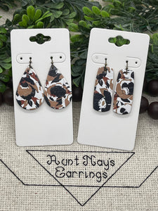 Abstract Slate Tan and Cognac Floral Print Cork on Leather Earrings