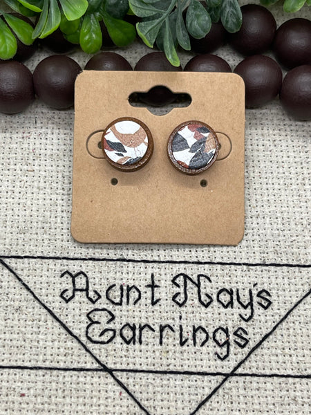 Abstract Slate Tan and Cognac Floral Print Cork on Leather Earrings