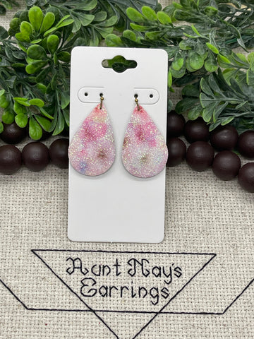 Pink Opalescent Fine Glitter Abstract Floral Print Cork on Leather Earrings