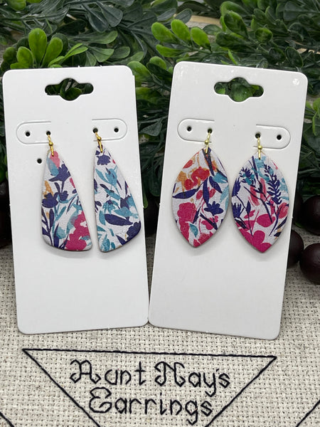 Hot Pink and Cobalt Blue Floral Print Cork on Leather Earrings