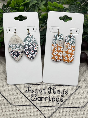 Sage Green Mustard Yellow and Navy Blue Floral Print Cork on Leather Earrings