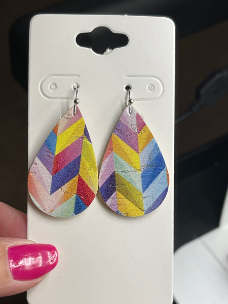 Primary Colored Chevron Print Cork on Leather Earrings