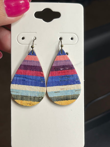 Dark Primary Colored Striped Print Cork on Leather Earrings