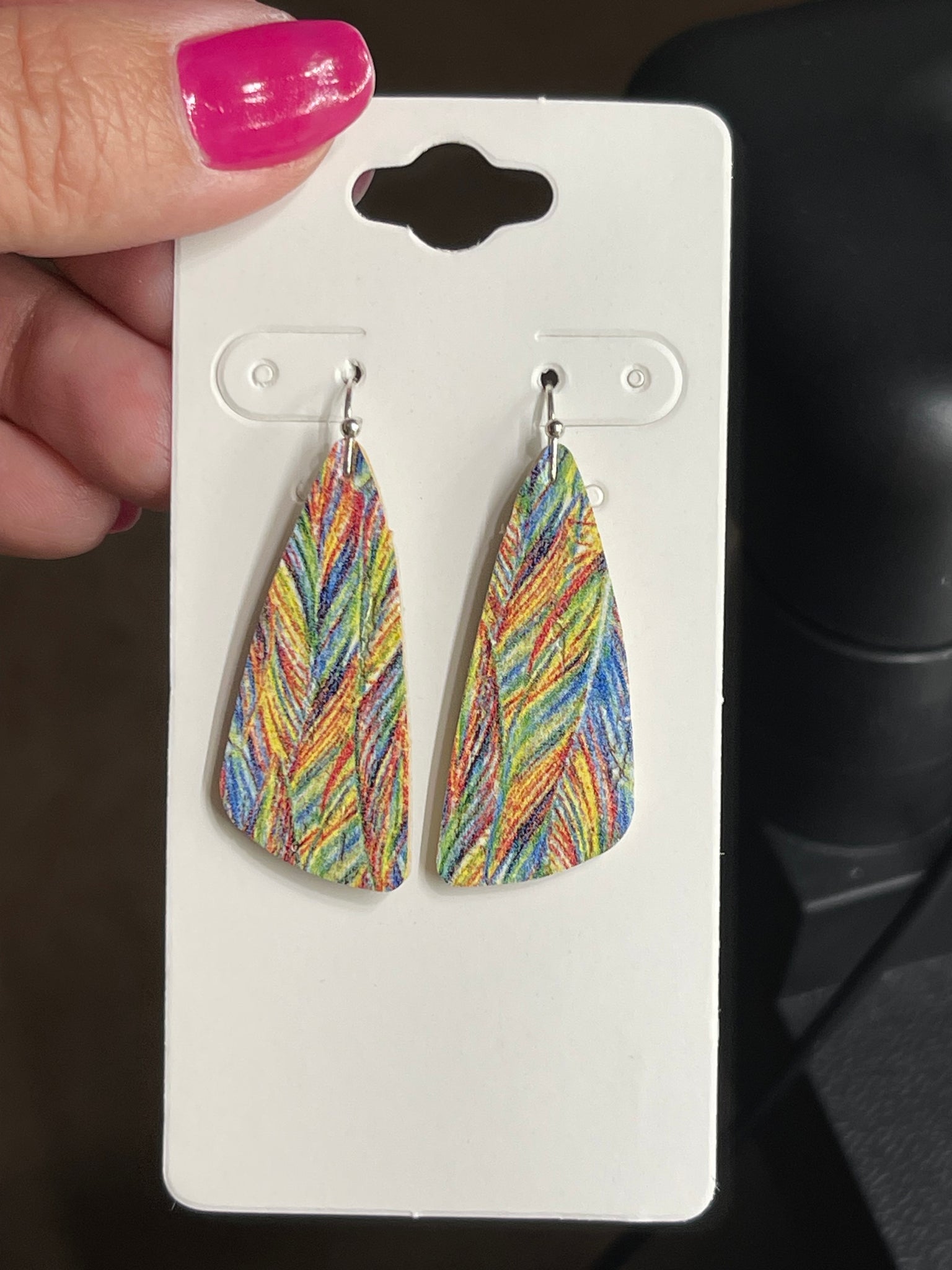 Primary Color Watercolor Brushstroke Feather Print Cork on Leather Earrings