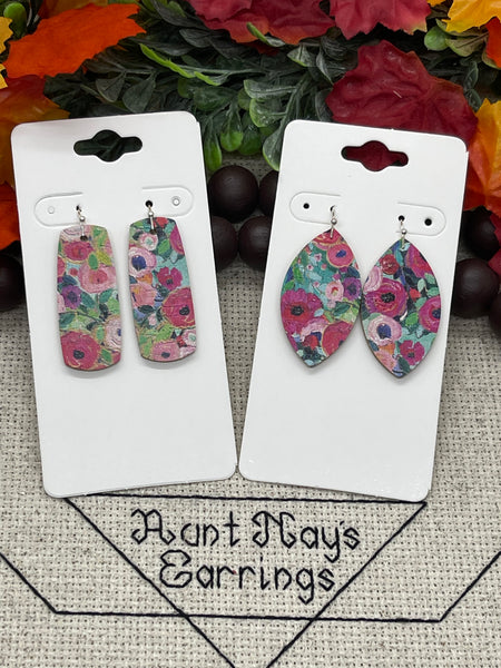 Pink Watercolor Floral Print Cork on Leather Earrings