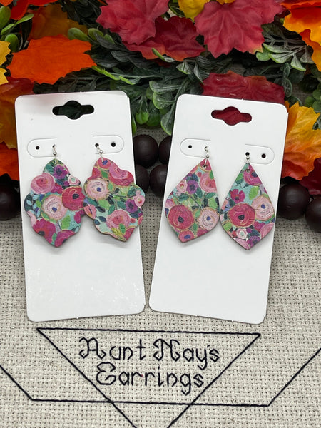 Pink Watercolor Floral Print Cork on Leather Earrings