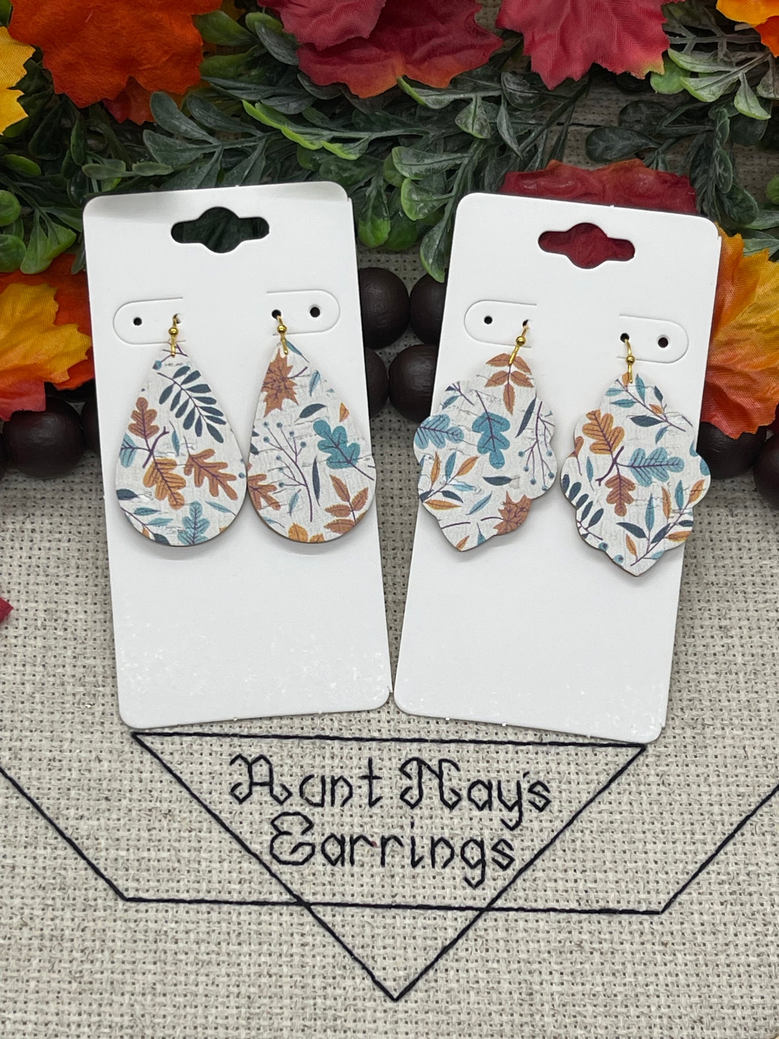 White with Blue and Gold Leaf Print Cork on Leather Earrings