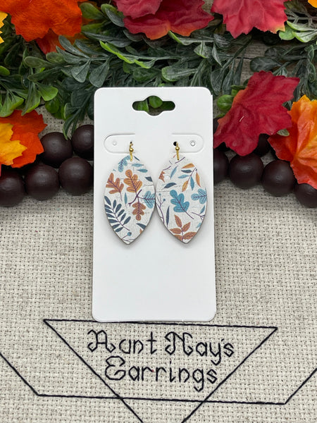 White with Blue and Gold Leaf Print Cork on Leather Earrings