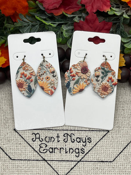 Fall Floral Embroidered Look Leather Earrings