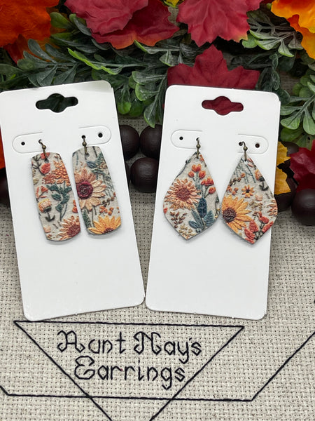 Fall Floral Embroidered Look Leather Earrings