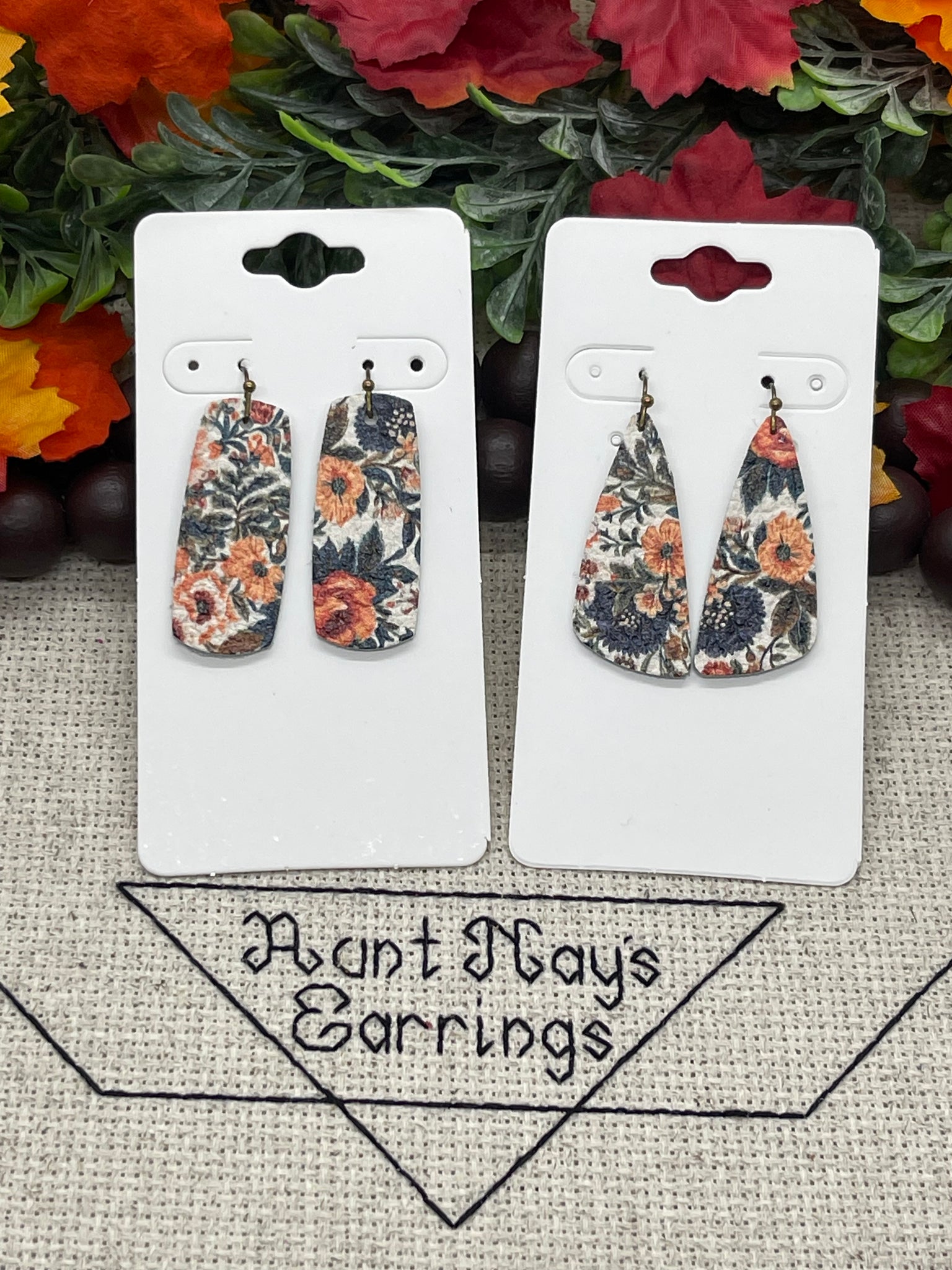 Navy Blue Fall Floral Print Leather Earrings