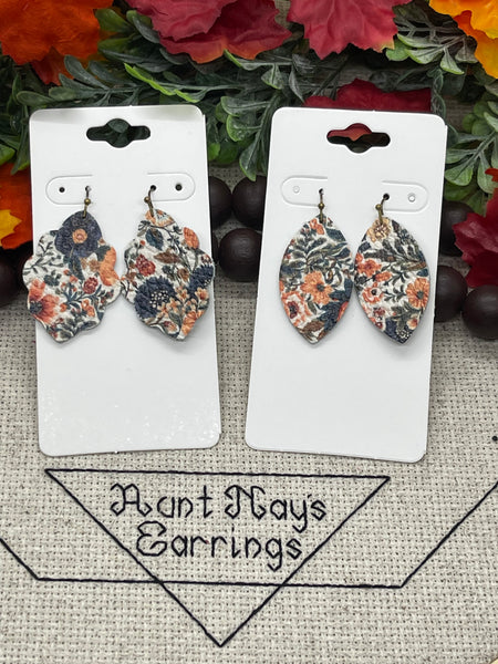 Navy Blue Fall Floral Print Leather Earrings