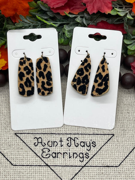 Tan Cork with a Textured Black Leopard Print Cork on Leather Earrings