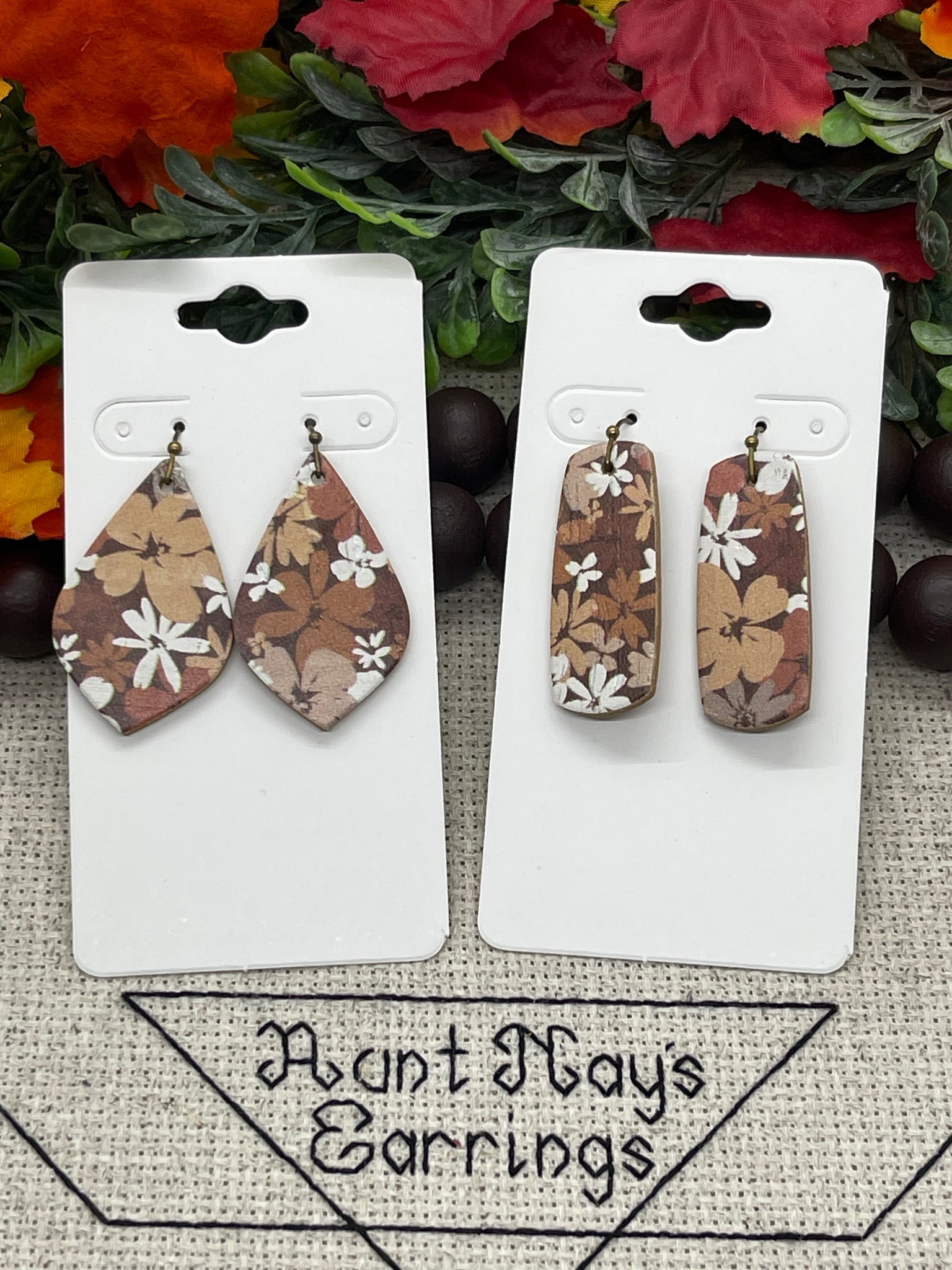 Neutral Brown Floral Print Cork on Leather Earrings