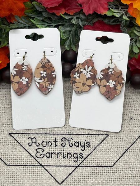 Neutral Brown Floral Print Cork on Leather Earrings