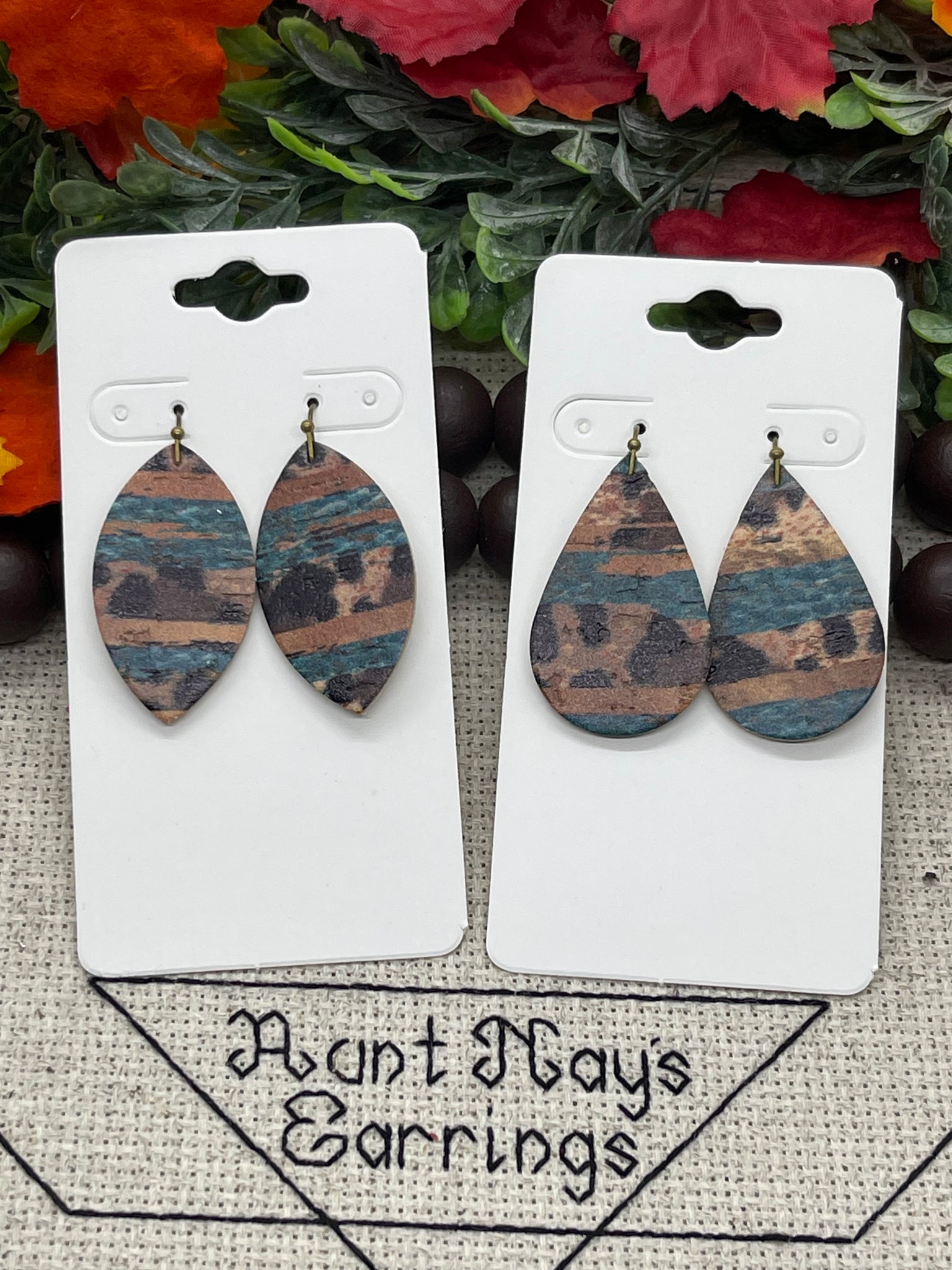 Turquoise Brown and Leopard Stripe Western Print Leather Earrings