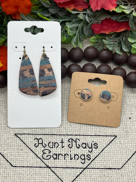 Turquoise Brown and Leopard Stripe Western Print Leather Earrings