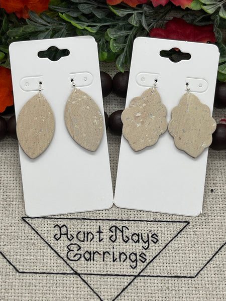 Creamy Cork with Silver Flakes on Leather Earrings