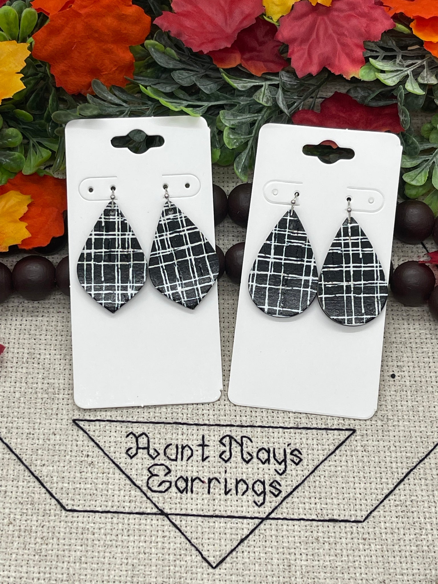 Black and White Sketchy Plaid Cork on Leather Earrings