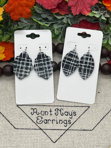 Black and White Sketchy Plaid Cork on Leather Earrings