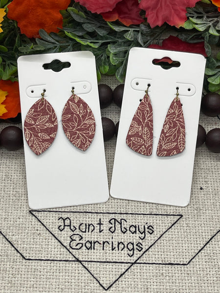 Dark Brick Red Leather with a Creamy Line Drawn Leaf Print Earrings