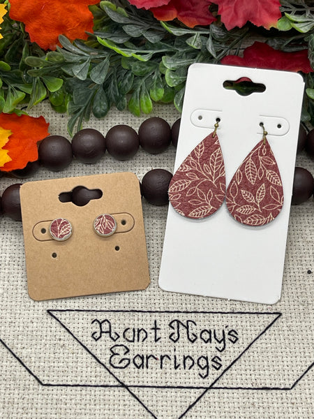 Dark Brick Red Leather with a Creamy Line Drawn Leaf Print Earrings