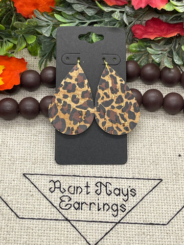 Black and Brown Leopard Print on Tan Cork with Gold Flakes Leather Earrings