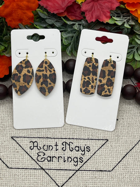 Black and Brown Leopard Print on Tan Cork with Gold Flakes Leather Earrings