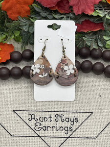 Neutral Brown Floral Print Split Teardrop Cork on Leather Earrings