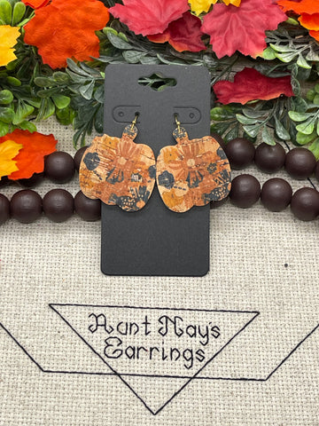 Pumpkin Shaped Orange and Navy Blue Floral Print on Tan Cork on Leather Earrings