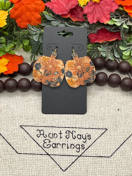 Orange and Navy Blue Floral Print on Tan Cork on Leather Earrings