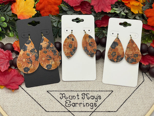 Orange and Navy Blue Floral Print on Tan Cork on Leather Earrings