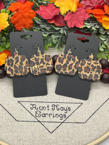 Pumpkin Shaped Black and Brown Leopard on Tan Cork with Gold Flakes on Leather Earrings