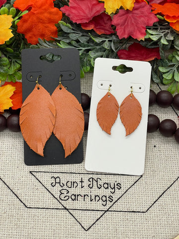 Smooth Dark Orange Leather Fringed Feather Earrings