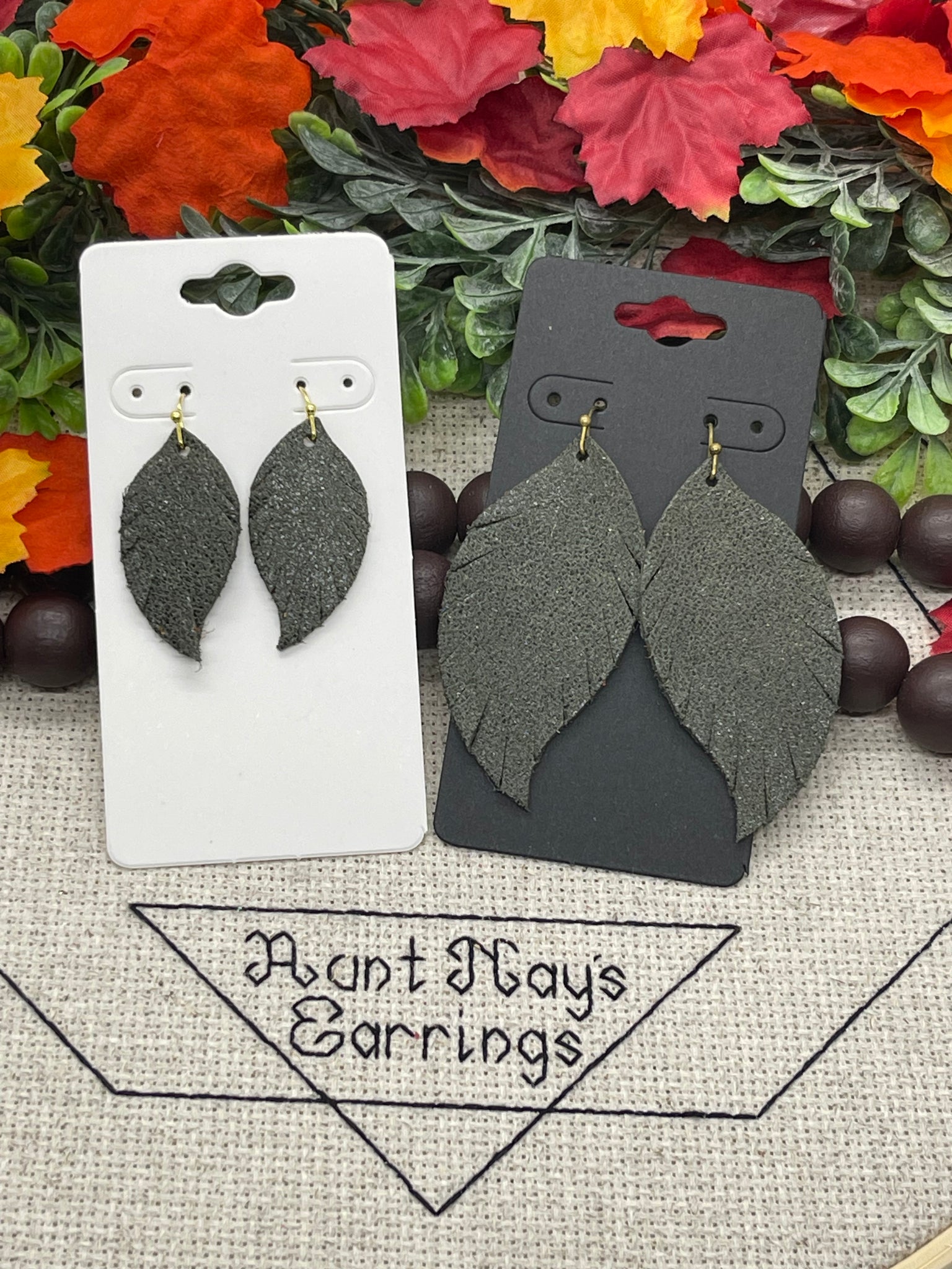 Dark Olive Green Shiny Leather Fringed Feather Earrings