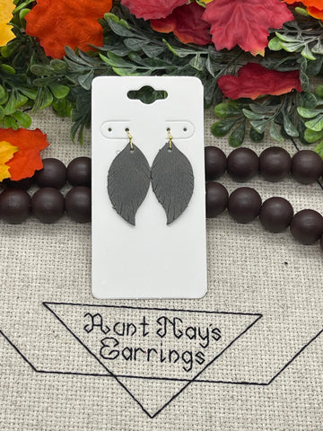 Gray Shiny Leather Fringed Feather Earrings
