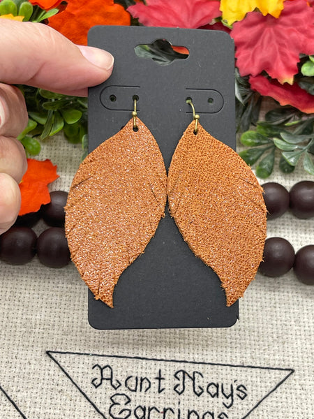 Cognac Brown Shiny Leather Fringed Feather Earrings