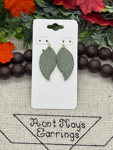 Pearlized Olive Green Leather Fringed Feather Earrings