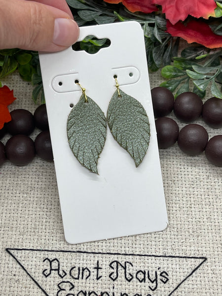 Pearlized Olive Green Leather Fringed Feather Earrings