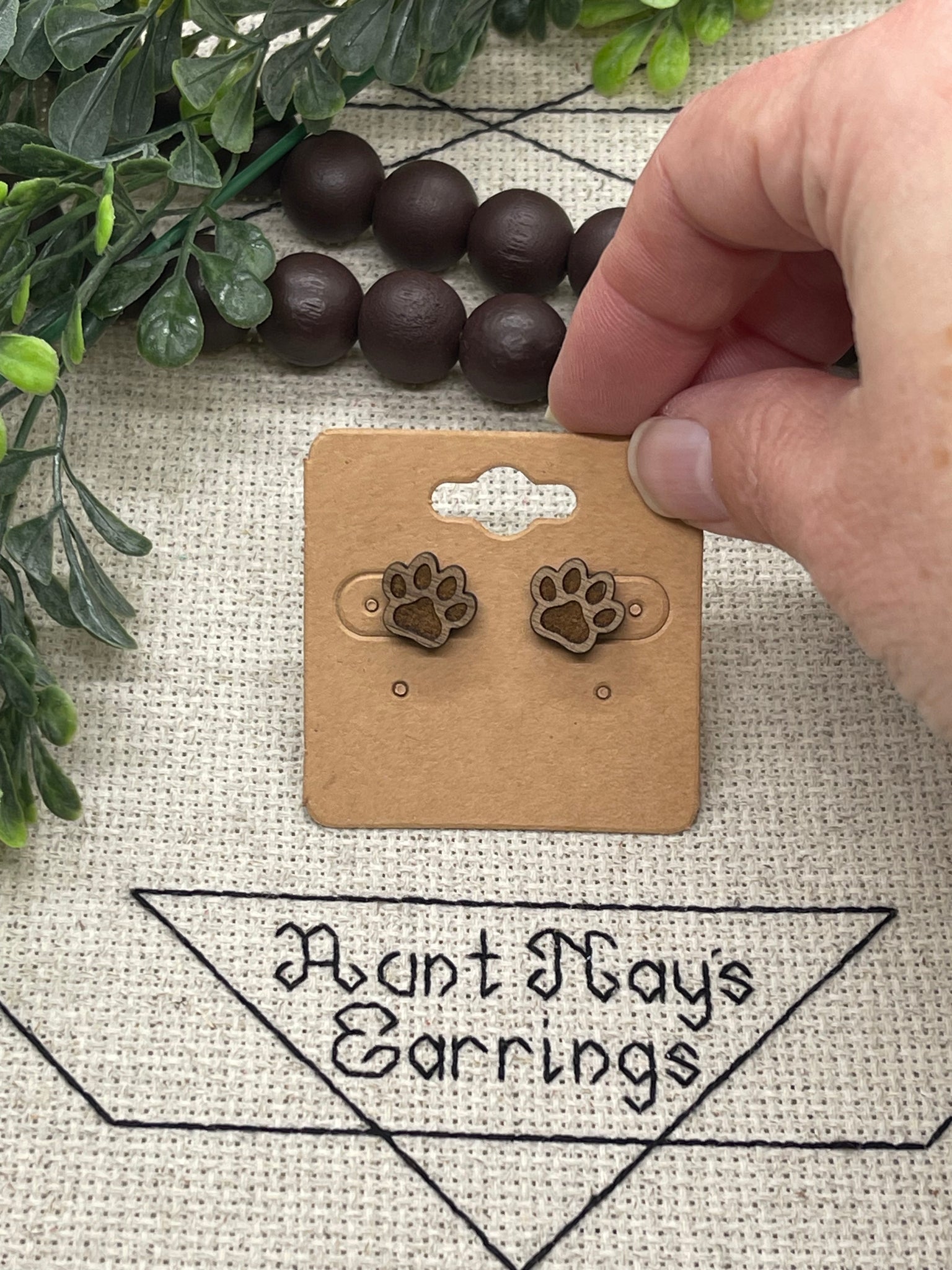 Wood Engraved Pawprint Stud Earrings