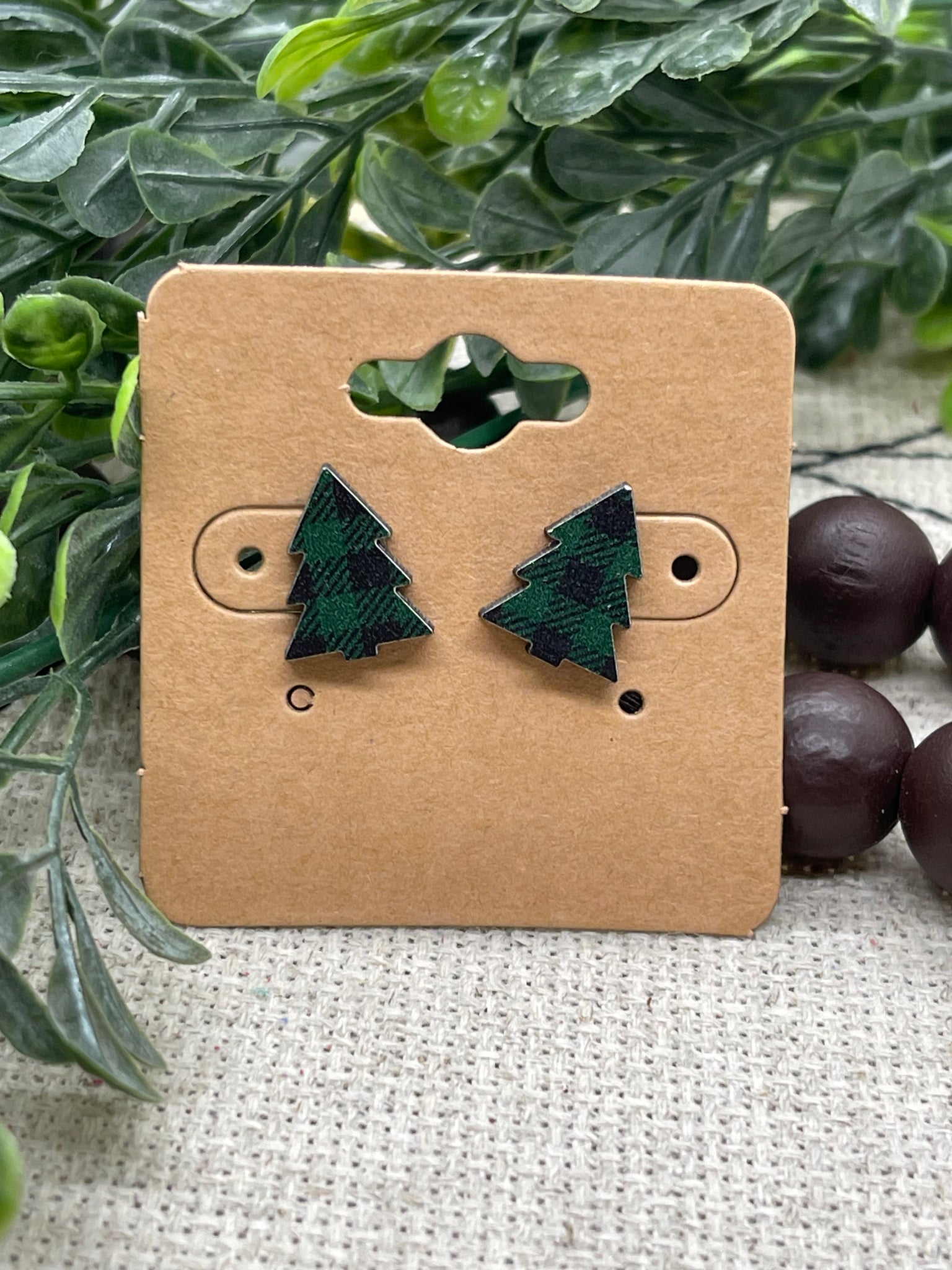 Little Green and Black Buffalo Plaid Print Wood Stud Earrings