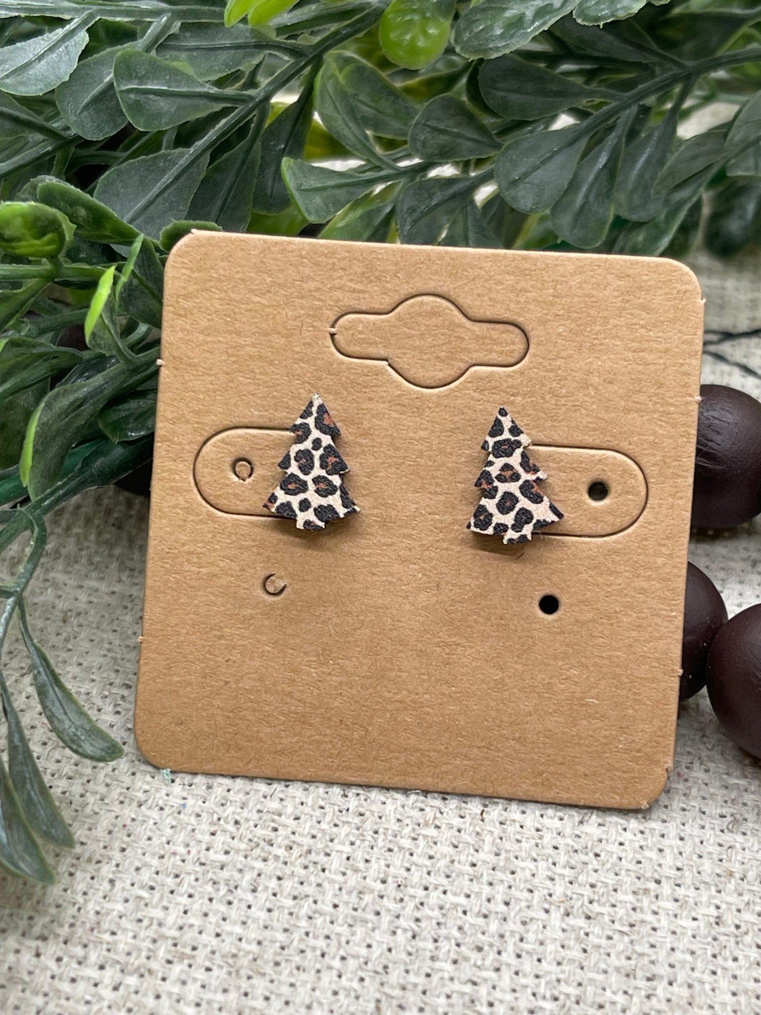Tiny Little Leopard Print Wood Christmas Tree Stud Earrings