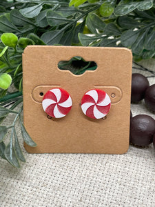 Red and White Swirl Acrylic Peppermint Circle Shaped Stud Earrings